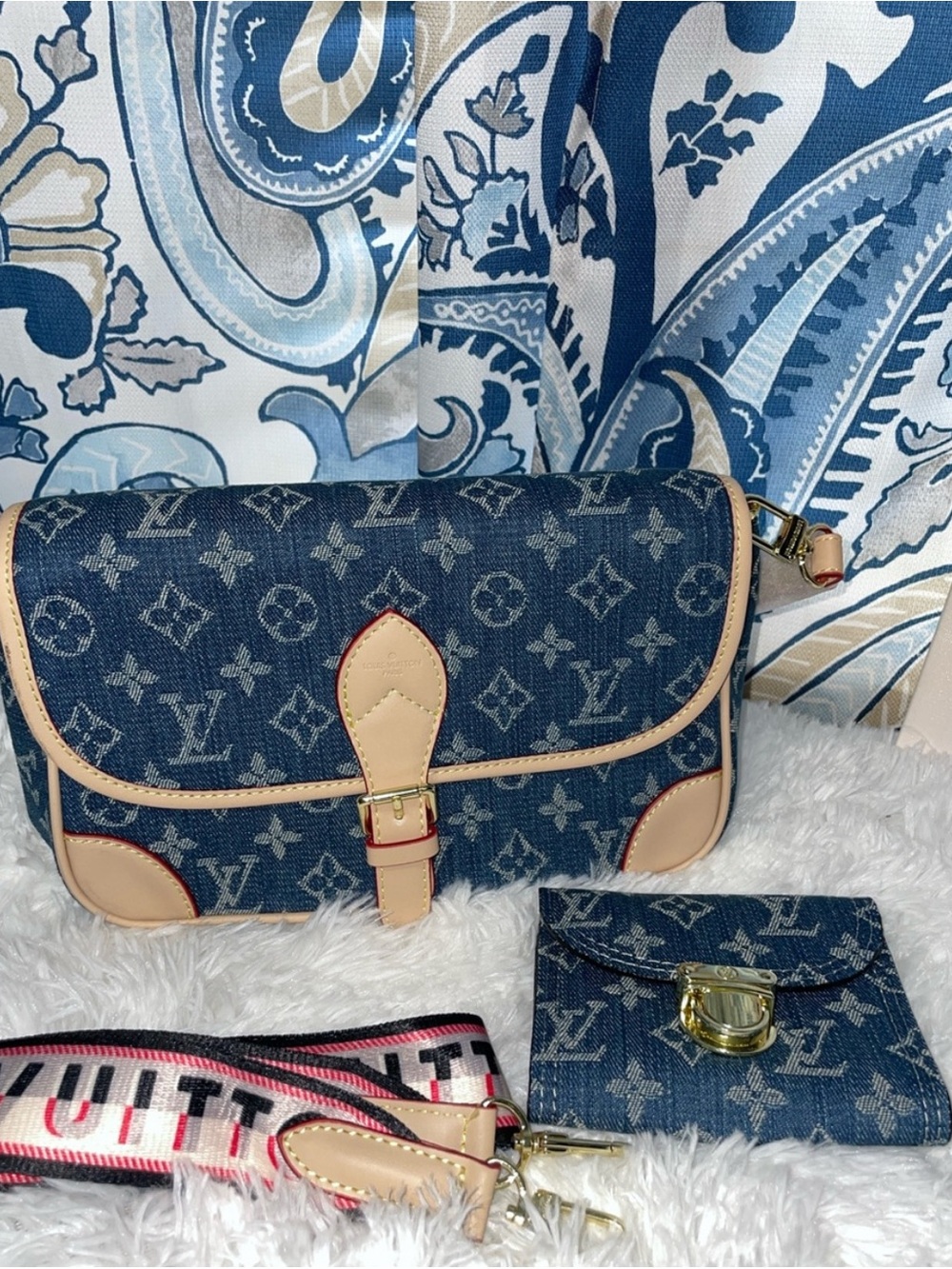 Blue Monogram Denim Crossbody Bag with Strap